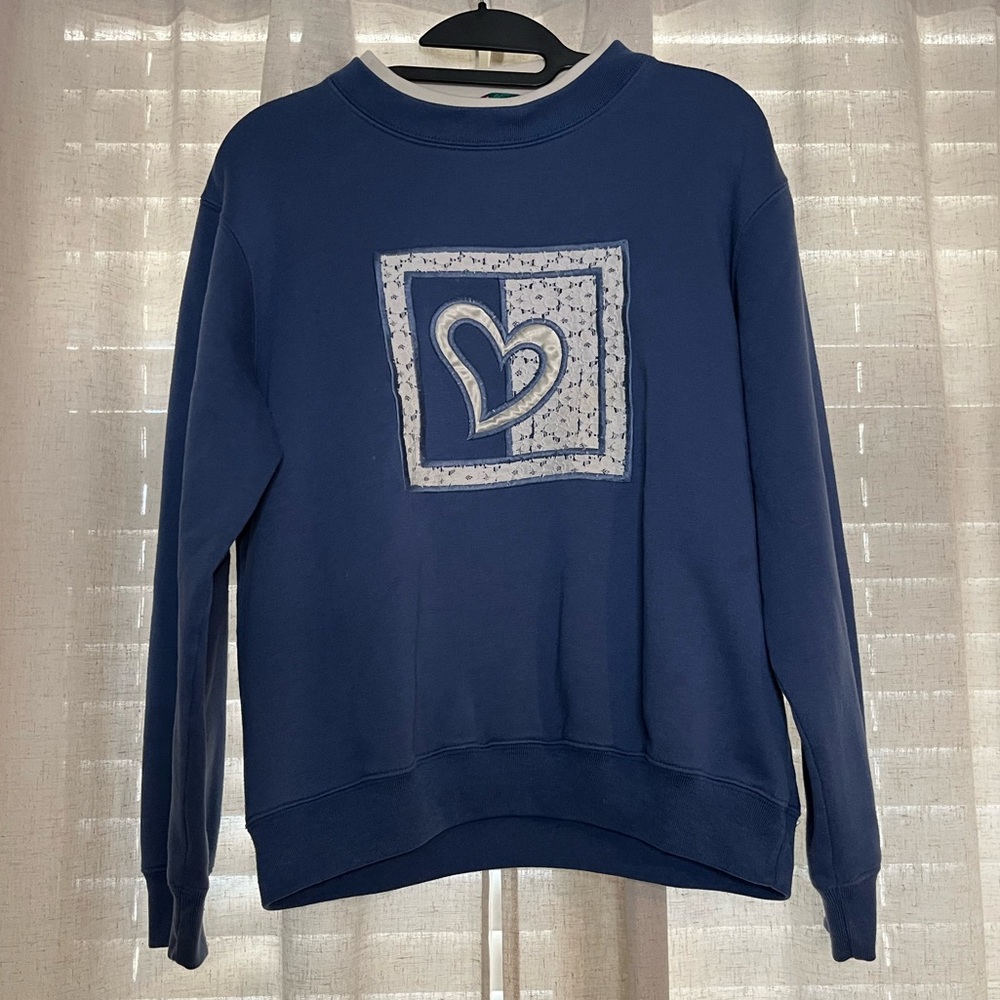 vintage blue and white heart sweatshirt with embroidery and lace details